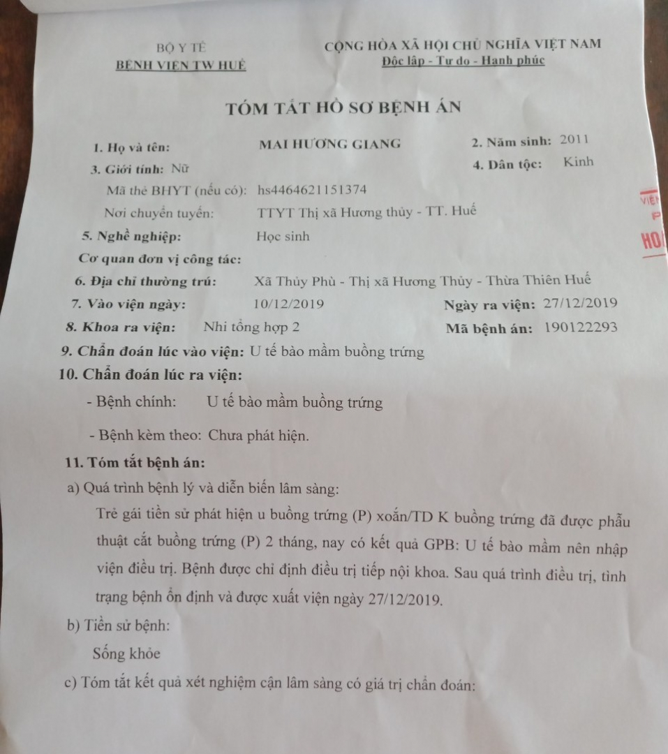Hồ sơ bệnh án của cháu Mai Hương Giang tại bệnh viện Trung Ương Huế