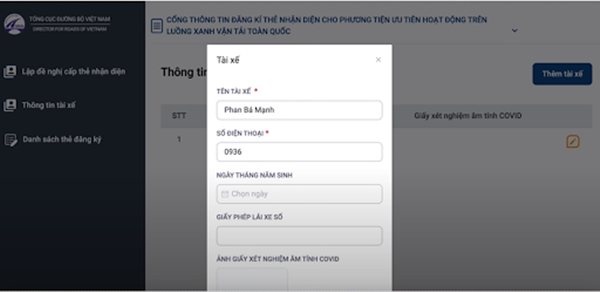 Màn hình khai báo thông tin tài xế